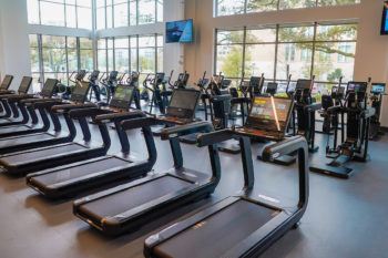 rows of treadmills in the new rec center face windows looking out on campus