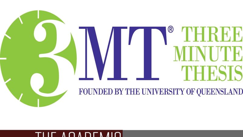 a graphic that reads Three-Minute Thesis competition, founded by the University of Queensland, the Academic 