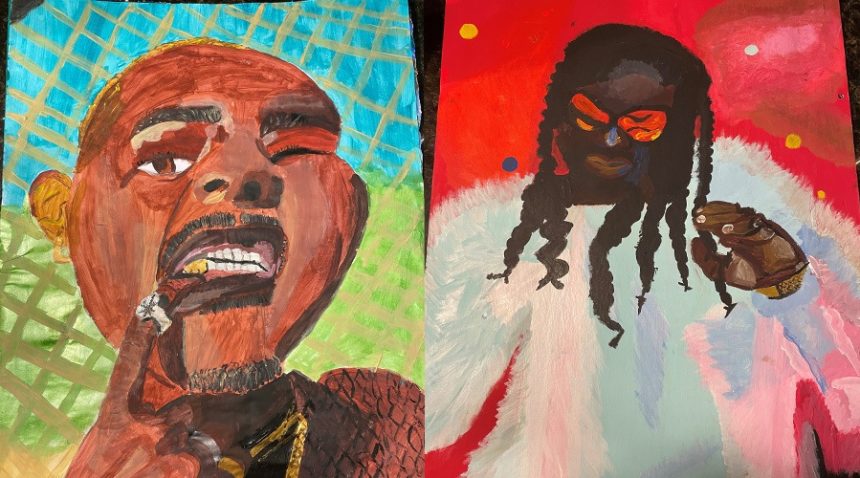 Milka Habteab's paintings including one of T-Pain and one of a man showing of his gold teeth