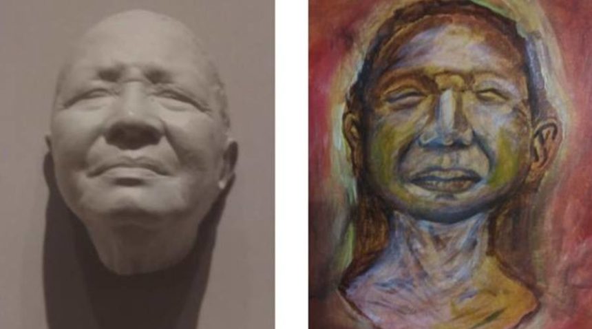 on the left, a mask of blues guitarist Jesse Mae Hemphill created by artist Sharon McConnell-Dickerson and a painting inspired by the mask created by student Nancy Okeudo
