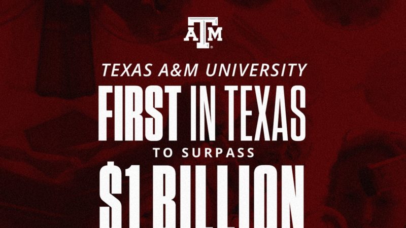 a graphic that reads Texas A&M University First in Texas to Surpass $1 Billion in Research Expenditures