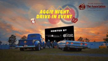 text reading "aggie drive-in event" ovre an image of a drive in movie