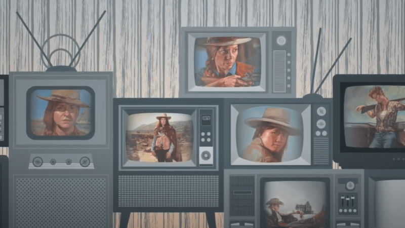 video still of animated female western heroes on tv screens