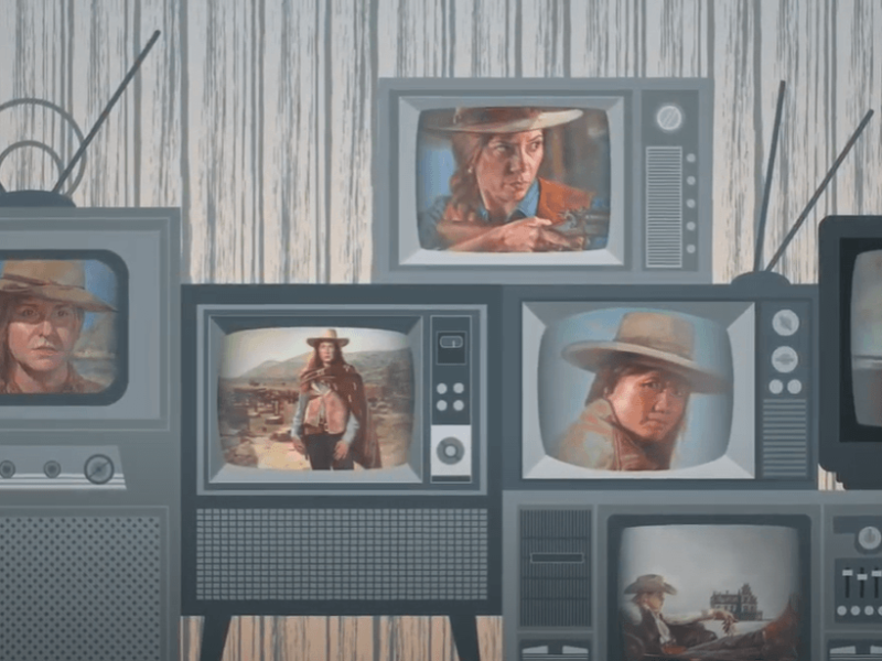 video still of animated female western heroes on tv screens