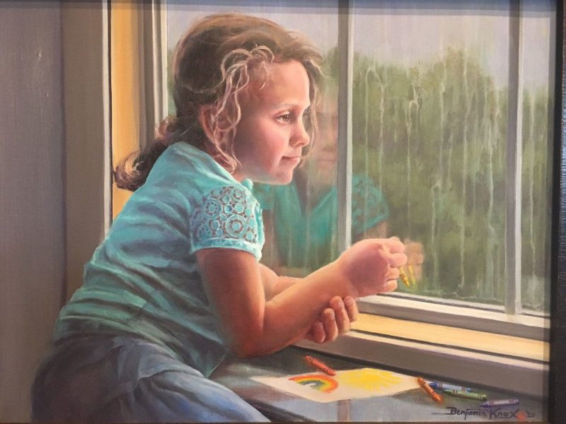 a painting of a little girl looking out a window while coloring with crayons