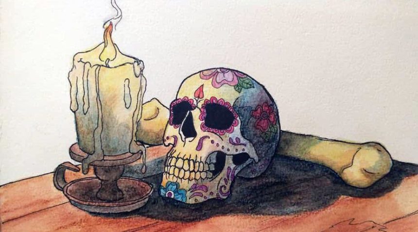 a drawing of a sugar skull on a table next to a candle and a human bone