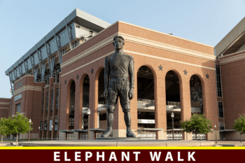 a photo of the E King Gill statue in front of Kyle Field