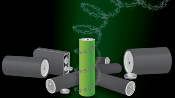 Graphic representation of metal-free, recyclable polypeptide battery