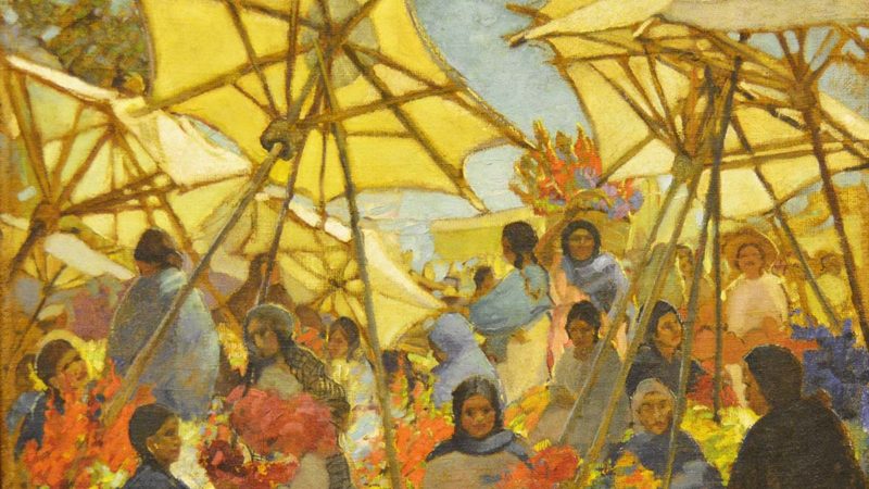 a painting of women selling flowers at an outdoor market