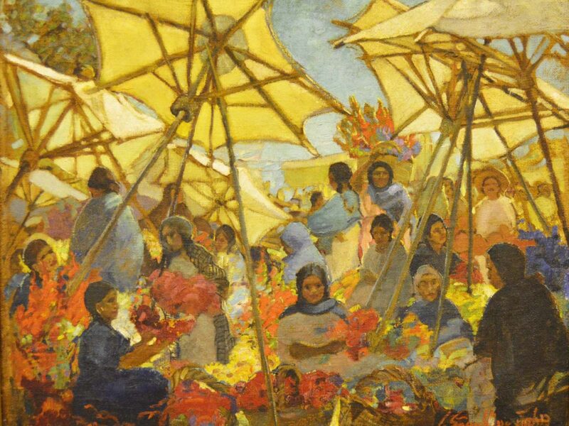 a painting of women selling flowers at an outdoor market