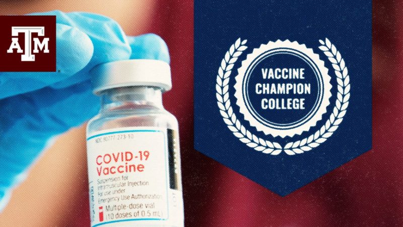 graphic that says vaccine champion college next to a photo of a hand holding a covid-19 vaccine vial
