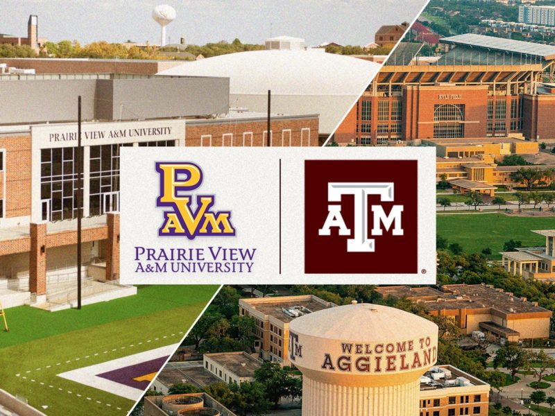 a graphic featuring side-by-side logos from Texas A&M and Prairie View A&M