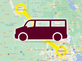 a graphic featuring a maroon van over a map of the route between College Station and Houston