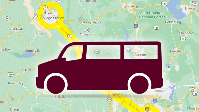 a graphic featuring a maroon van over a map of the route between College Station and Houston