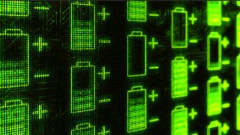 stock image showing digital renderings of green batteries repeated against a black background