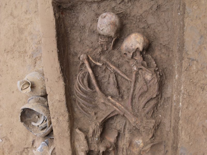 overhead view into a grave of two skeletons embracing