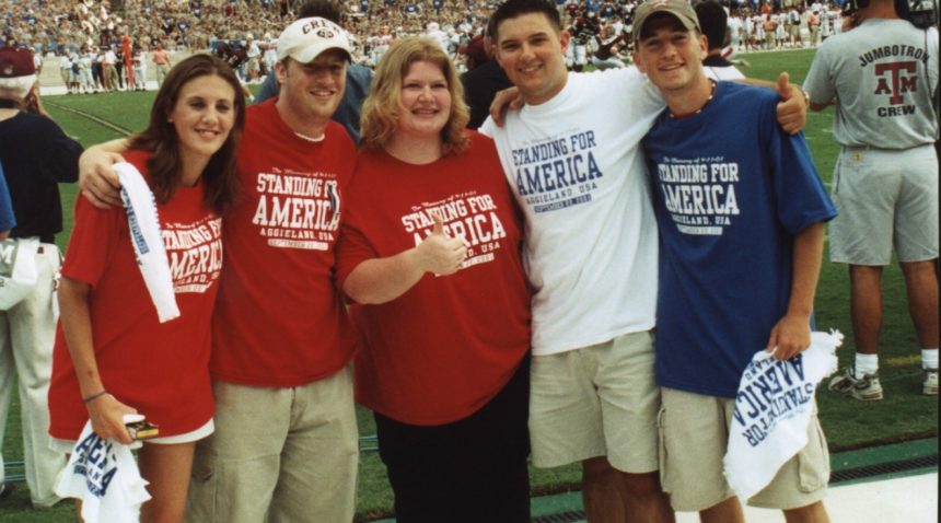 (l-r) Alana Bethea, Eric Bethea, Kourtney Rogers Gruner, Cole Robertson, Nick Luton on the field at the Red, White and Blue game in 2001