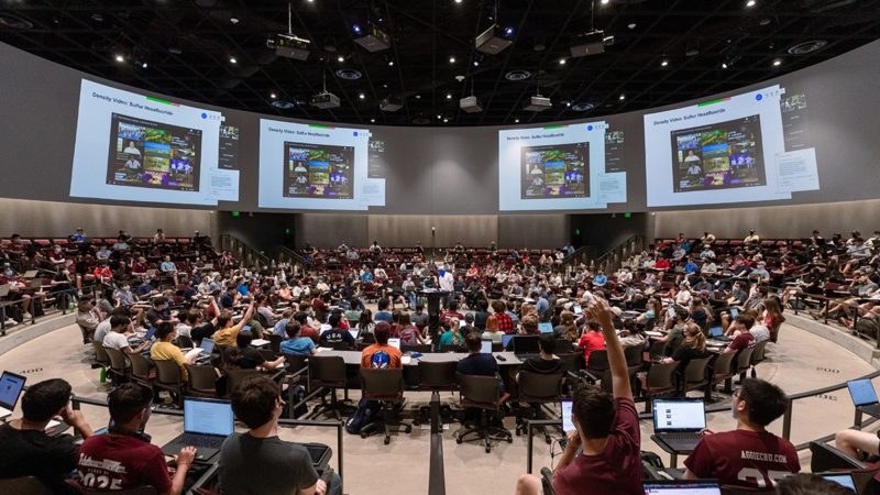 a classroom at Texas A&M full of students