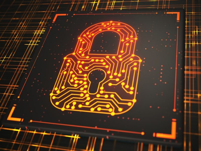 artist's graphic representation of cybersecurity showing an image of a lock on a circuit board