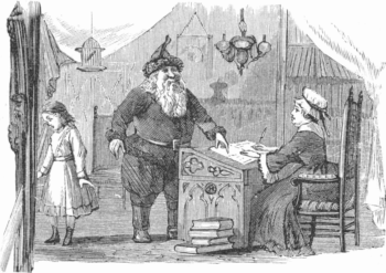 Engraved illustration of Santa Claus and a woman sitting down at a desk who may be Mrs. Claus