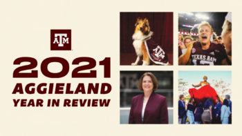 a graphic that reads "2021 aggieland year in review" with four pictures of mascot reveille, a football player celebrating, people pulling a red covering off a bronze statue, and president m. katherine banks