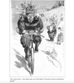 A cartoon from the Dec. 7, 1895 issue of the satirical magazine Judge shows Mrs. Claus on a bicycle, leaving Santa and her children behind as she pedals away on her way to deliver Christmas gifts.
