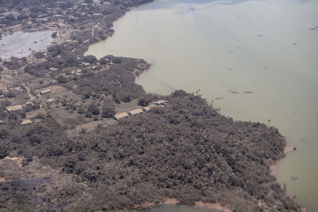 aerial view of island covered in ash