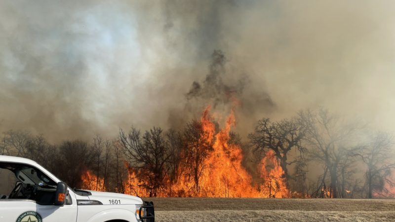 a wildfire burns in the distance with a truck parked in a field