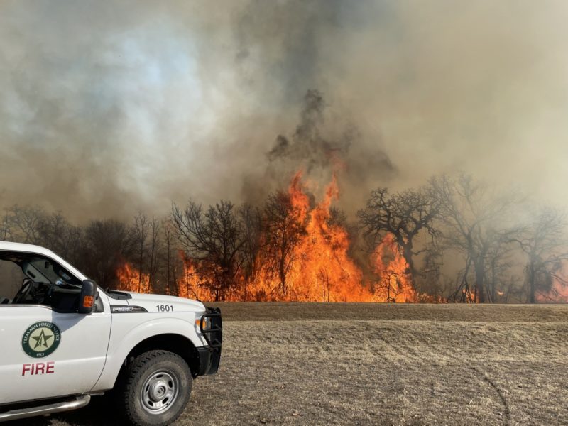 a wildfire burns in the distance with a truck parked in a field