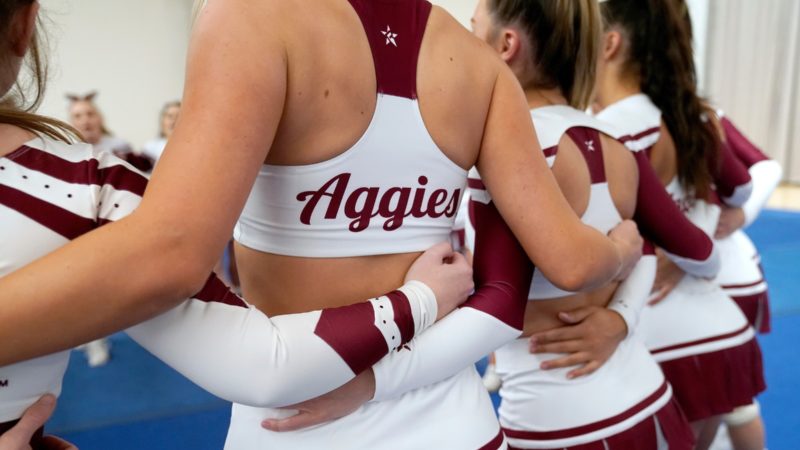 a photo of the backs of several cheerleaders who are standing in a circle with their arms around each other