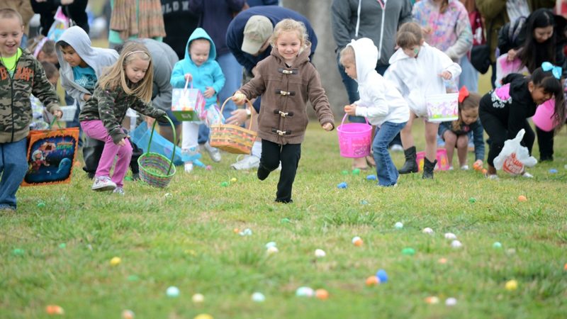 children gathering eggs at a past Bush Library Easter event