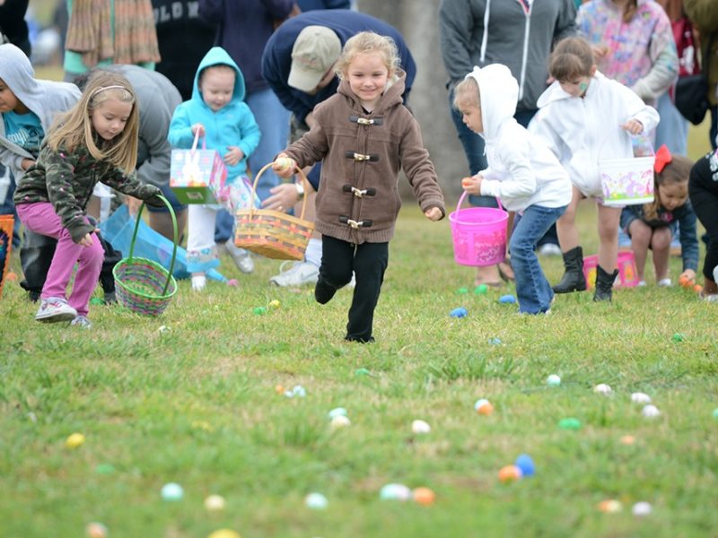children gathering eggs at a past Bush Library Easter event