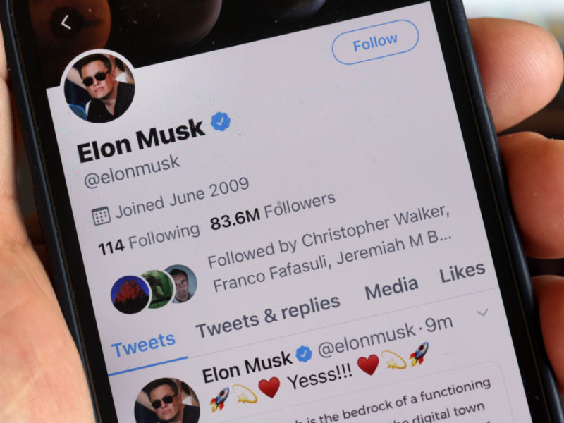 photo illustration of a person holding a phone in their hand with elon musk's twitter profile on the screen
