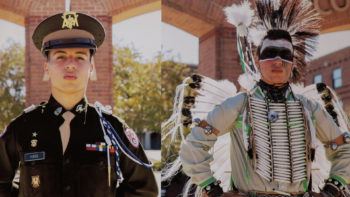 side-by-side photos of a man show him wearing a Corps of Cadets uniform on the left and a set of traditional Native American regalia on the right