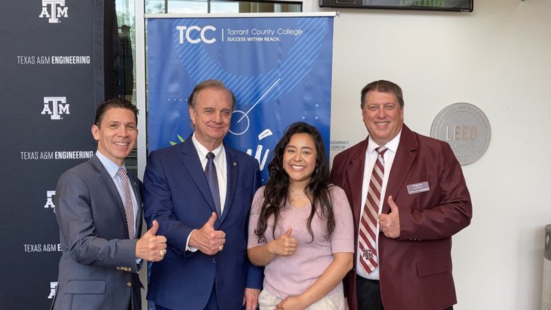 sabel Garcia, who enrolled in an Engineering Academy and is now studying electrical engineering in College Station, helped announce the new partnership with Tarrant County College. From left to right: Dr. John E. Hurtado, Chancellor John Sharp, Garcia and Ed Bassett.