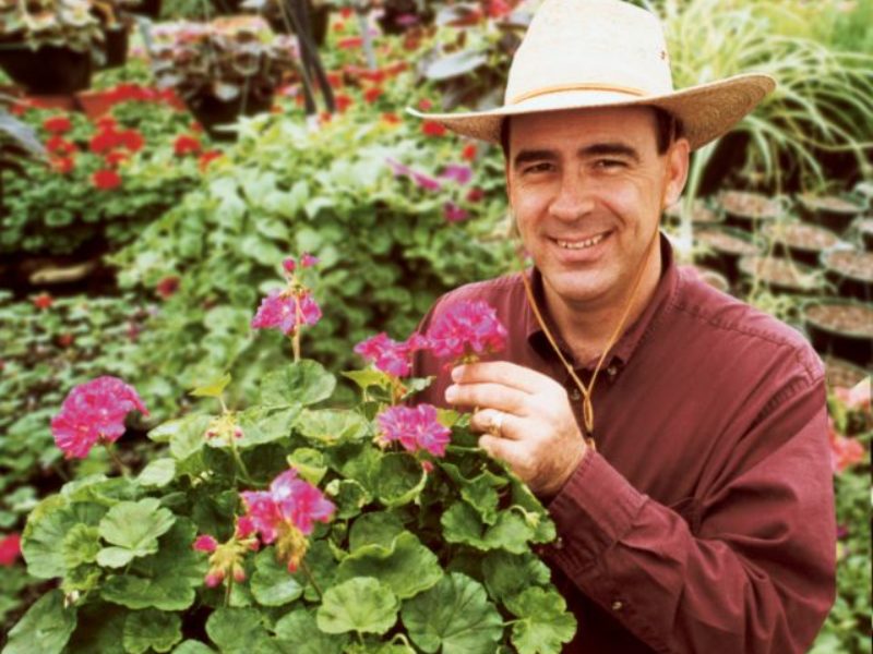 a photo of a man in a hat holding a potted plant and smiling