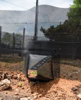 a photo of a black mesh fence with a jumpout (a small protrusion in the shape of a pyramid with the top cut off)