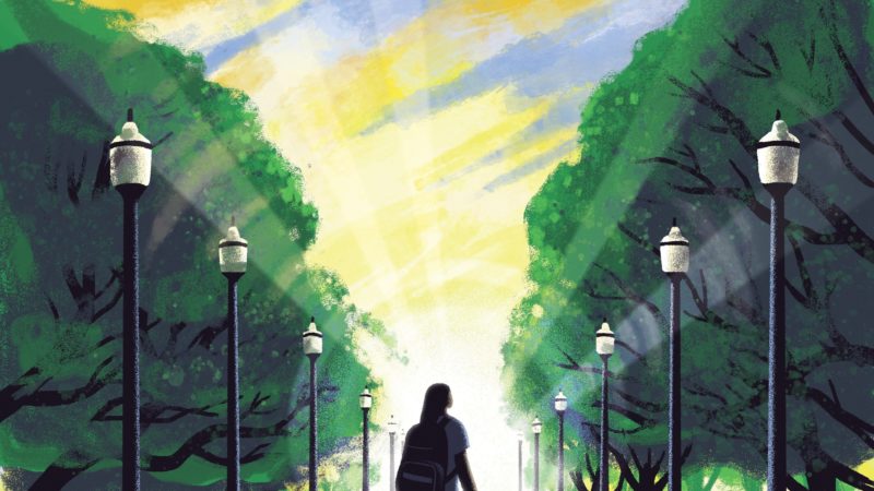 an illustration of a person with a backpack walking down military walk toward bright, radiant beams of sunlight
