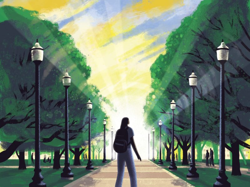 an illustration of a person with a backpack walking down military walk toward bright, radiant beams of sunlight