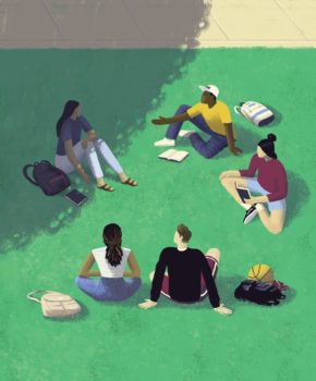 an illustration of a group of students sitting in a circle on some grass with one student sitting in the shade of a tree