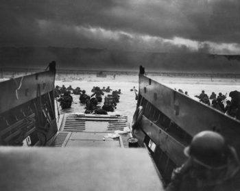 black and white photos showing troops exiting a boat into the waters of normandy beach