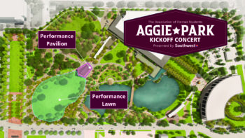 map of aggie park showing the location of the performance pavilion where the concert will take place