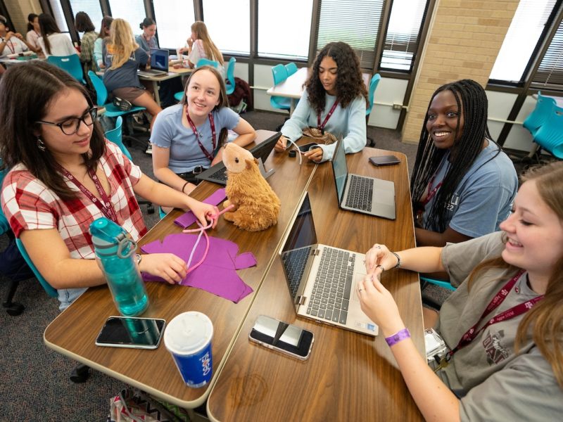 five girls sit around a table working on laptops, with a small stuffed animal sitting in the middle