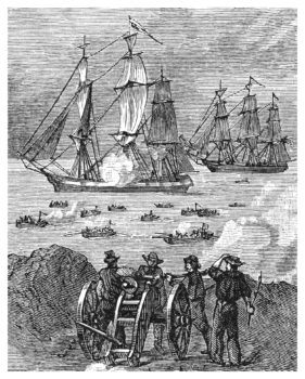 an old etching showing men with a cannon in the foreground and water full of boats and ships in the background