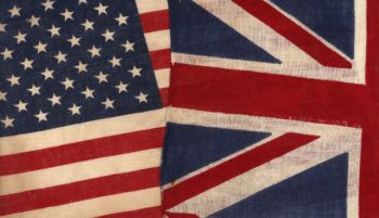 a photo of cloth US and UK flags next to one another