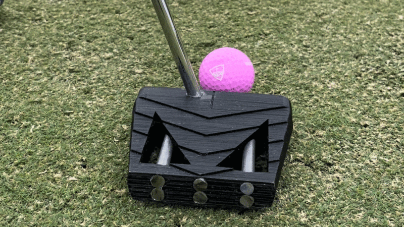 a photo of a black putter head making contact with a pink golf ball on a putting green