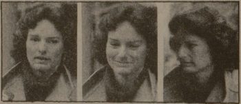 a newspaper clip with three side-by-side photos of a woman with shoulder-length brown hair talking and smiling