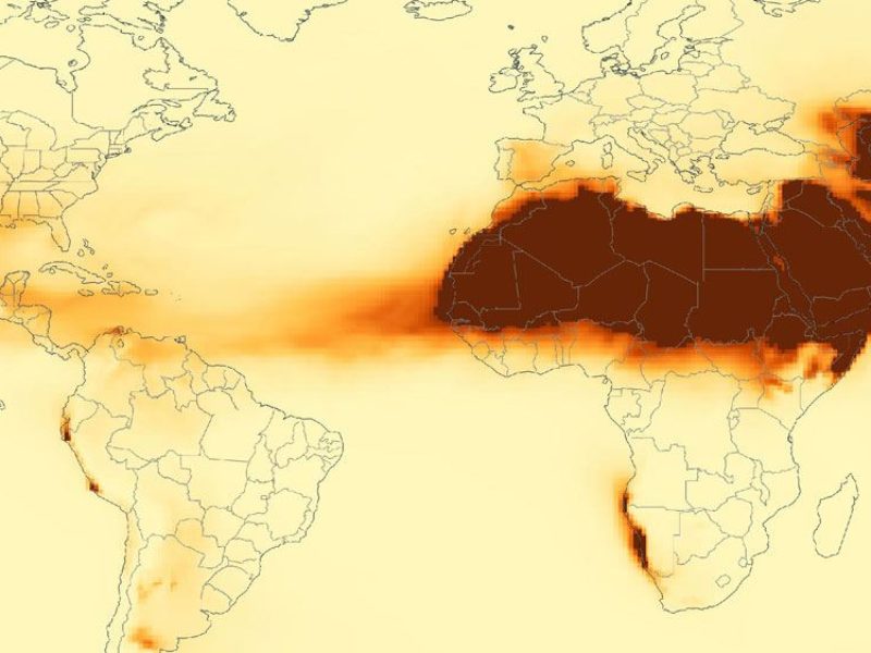 A global map showing Saharan dust over northern Africa