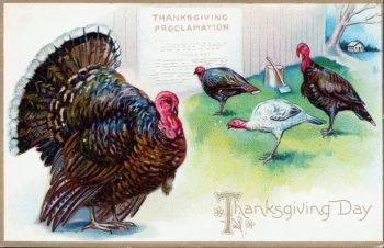 A colorful vintage postcard that says "thanksgiving day" with several large turkeys