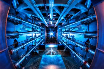 A color-enhanced image of the inside of a preamplifier support structure at the National Ignition Facility.